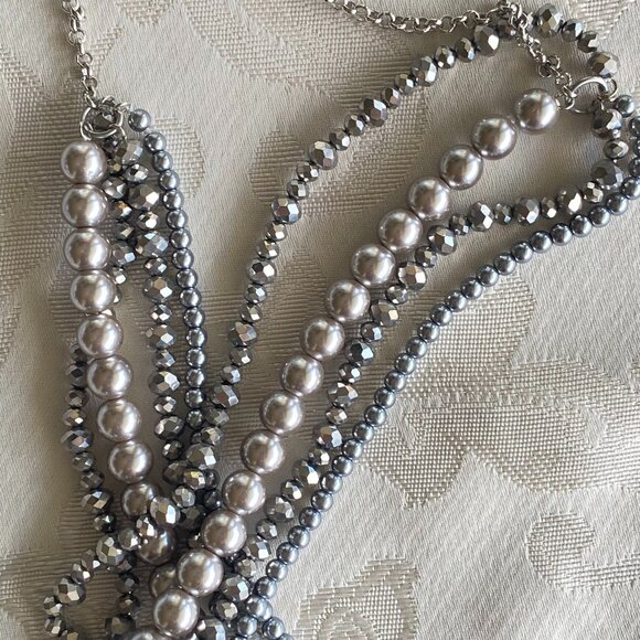 Multi Strand Grey Faux Pearl Necklace & Earrings Set - Picture 2 of 6